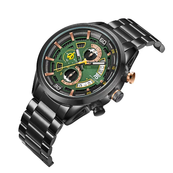 T5 Black Stainless Steel Green Dial Chronograph Quartz Watch for Gents - H3733G-B - Image 2