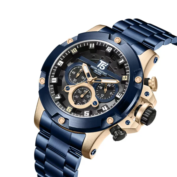 T5 Blue Stainless Steel Grey Dial Chronograph Quartz Watch for Gents - H3760G-E - Image 2