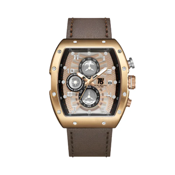 T5 Brown Leather Strap Rose Gold Dial Chronograph Quartz Watch for Gents - H3720G-B