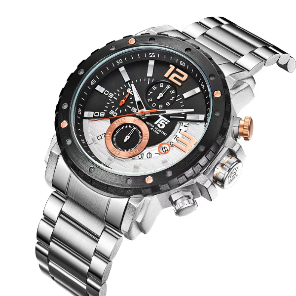 T5 Silver Stainless Steel Black Dial Chronograph Quartz Watch for Gents - H3746G-B - Image 2