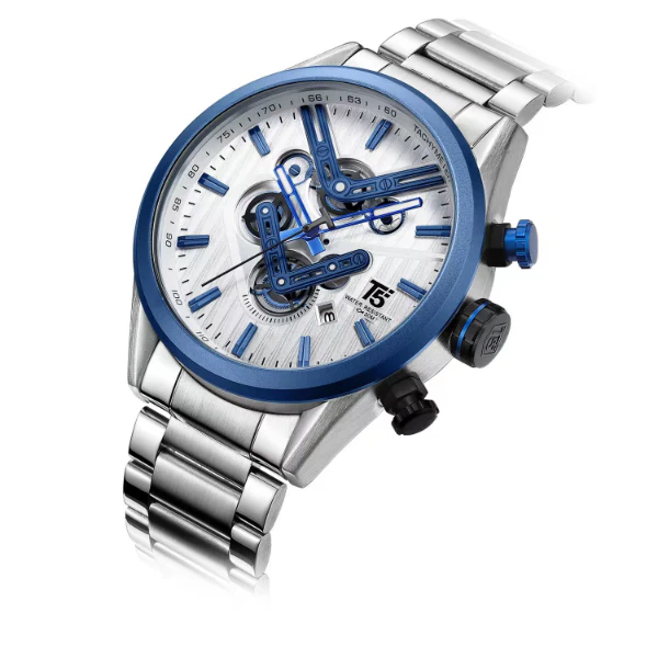 T5 Silver Stainless Steel White Dial Chronograph Quartz Watch for Gents - H3628G-A - Image 2