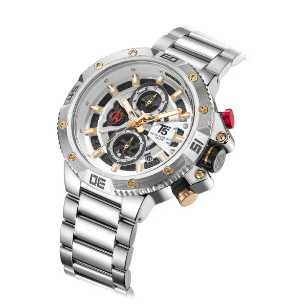 T5 Silver Stainless Steel White Dial Chronograph Quartz Watch for Gents - H3705G-A - Image 2