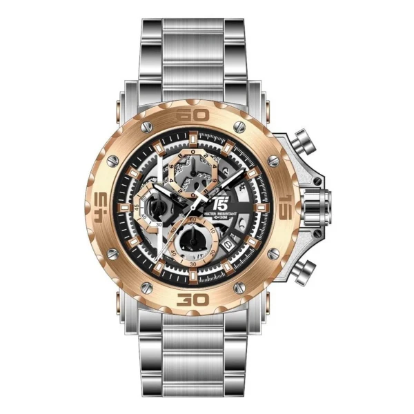 T5 Silver Stainless Steel White Dial Chronograph Quartz Watch for Gents - H3723G-B