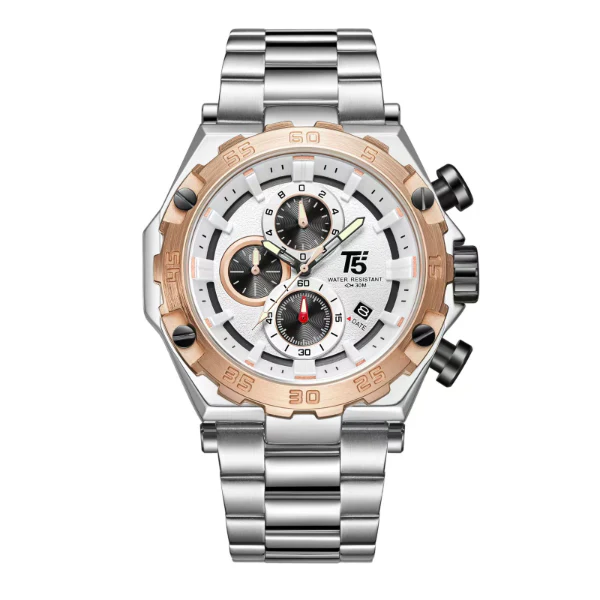 T5 Silver Stainless Steel White Dial Chronograph Quartz Watch for Gents - H3847G-A