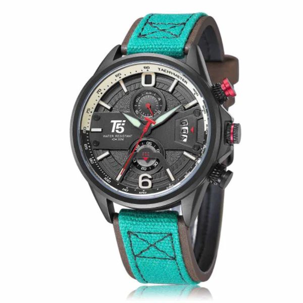 T5 Tiffany Leather Strap Grey Dial Chronograph Quartz Watch for Gents - H3584G-A