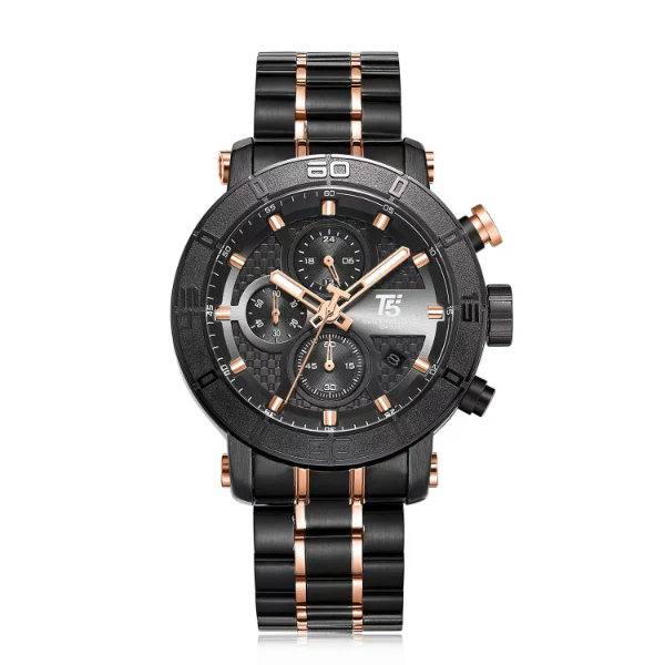 T5 Two-tone Stainless Steel Black Dial Chronograph Quartz Watch for Gents - H3635G-D