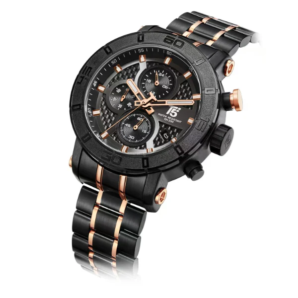 T5 Two-tone Stainless Steel Black Dial Chronograph Quartz Watch for Gents - H3635G-D - Image 2