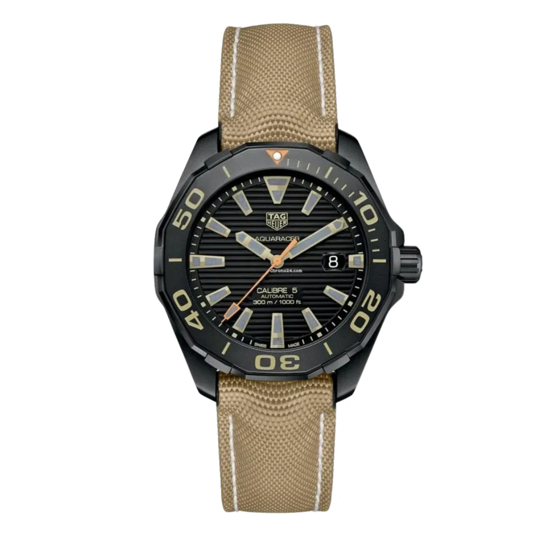 Tag Heuer Aquaracer Brown Leather Strap Black Dial Quartz Watch for Gents - WAY208CFC6383
