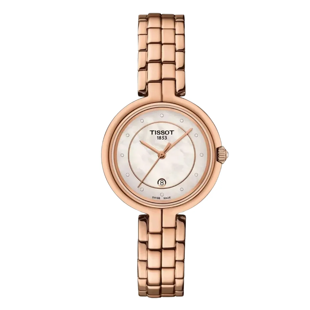 Tissot Flamingo Rose Gold Stainless Steel Pearl White Dial Quartz Watch for Ladies - T094.210.33.116.02