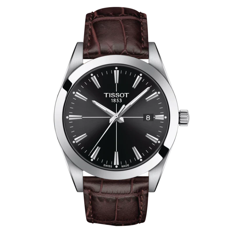 Tissot Gentleman Brown Leather Strap Black Dial Quartz Watch for Gents - T127.410.16.051.01
