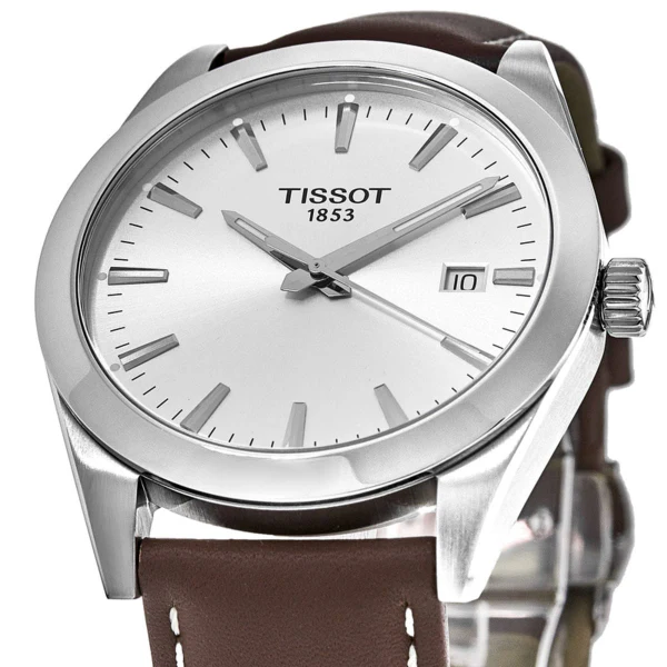 Tissot Gentleman Brown Leather Strap Silver Dial Quartz Watch for Men's - T127.410.16.031.00 - Image 2