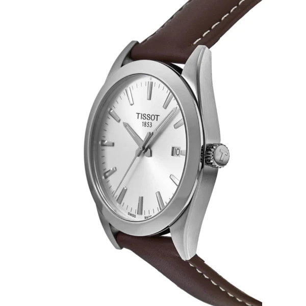 Tissot Gentleman Brown Leather Strap Silver Dial Quartz Watch for Men's - T127.410.16.031.00 - Image 3