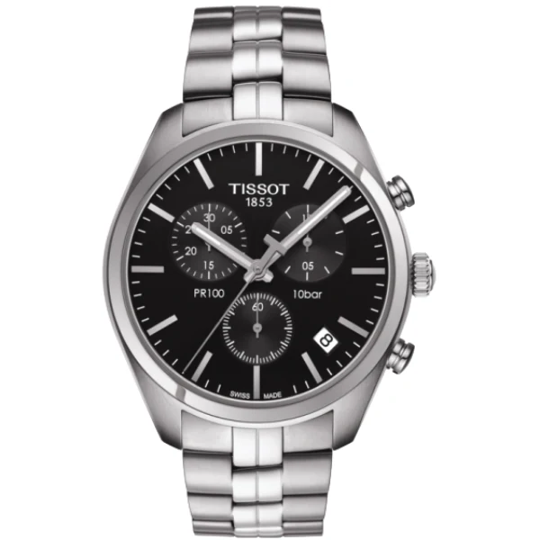 Tissot PR 100 Silver Stainless Steel Black Dial Chronograph Quartz Watch for Men's - T101.417.11.051.00