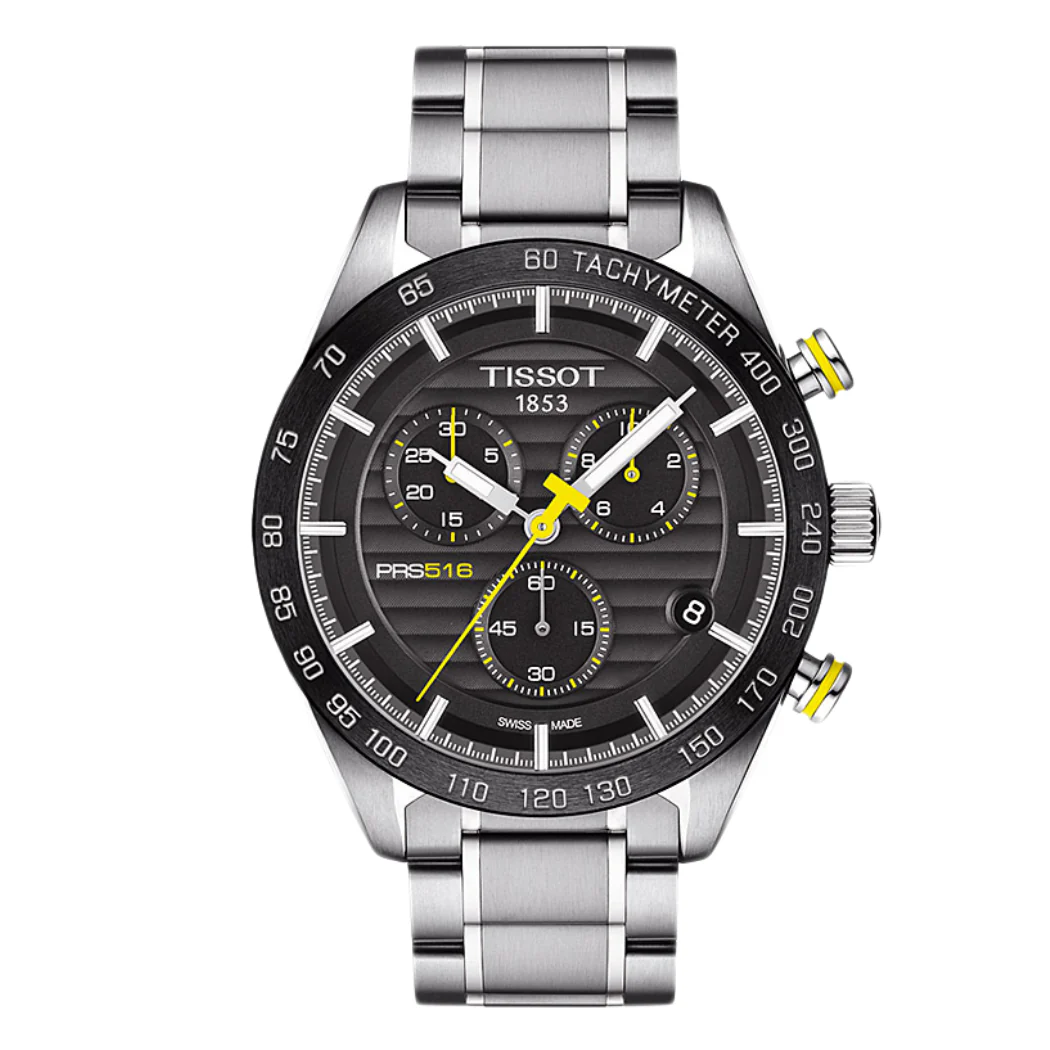 Tissot PRS 516 Silver Stainless Steel Black Dial Chronograph Quartz Watch for Men's - T.100.417.11.051.00
