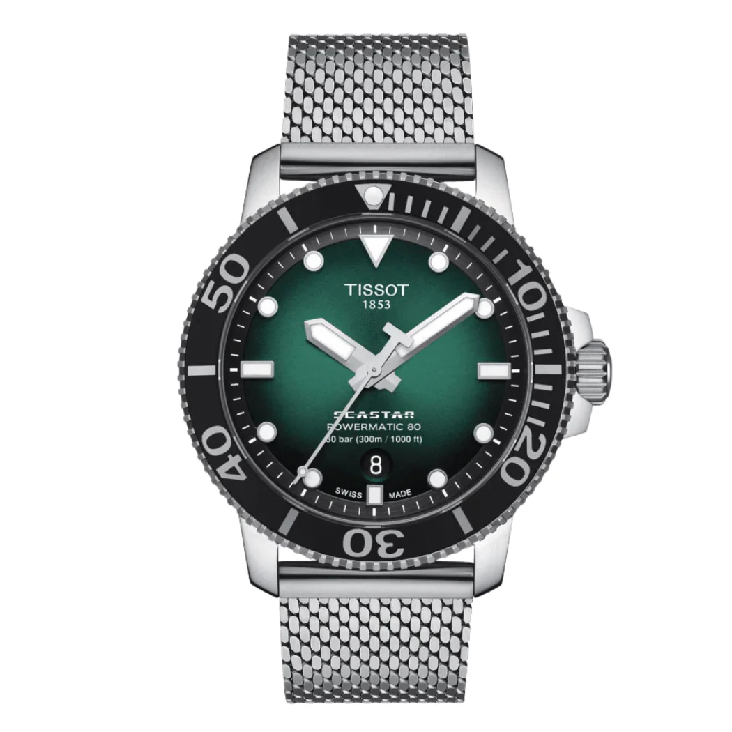 Tissot Seastar Silver Mesh Bracelet Green Dial Automatic Watch for Gents - T120.407.11.091.00