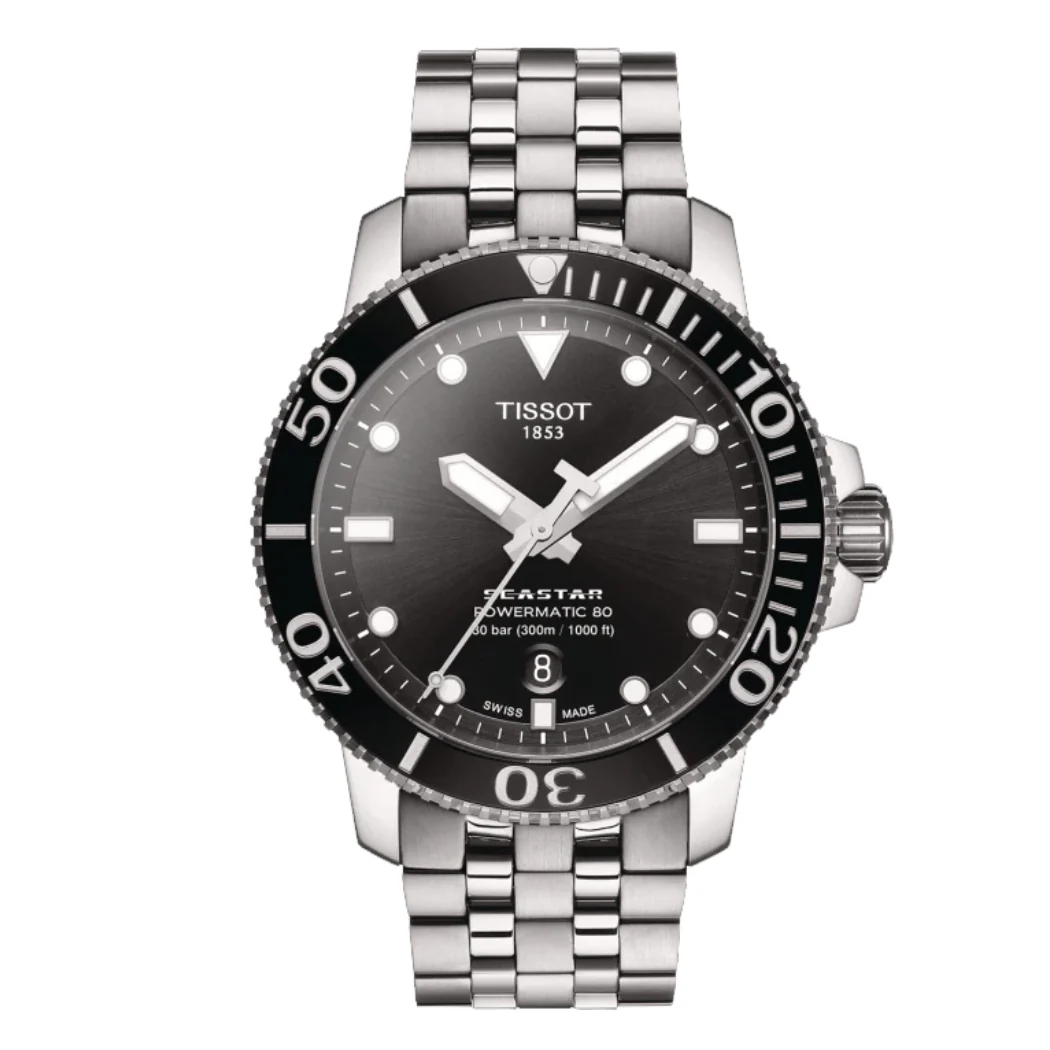 Tissot Seastar Silver Stainless Steel Black Dial Automatic Watch for Gents - T120.407.11.051.00
