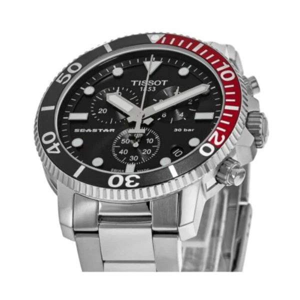 Tissot Seastar. Silver Stainless Steel Black Dial Chronograph Quartz Watch for Men's - T120.417.11.051.01 - Image 2