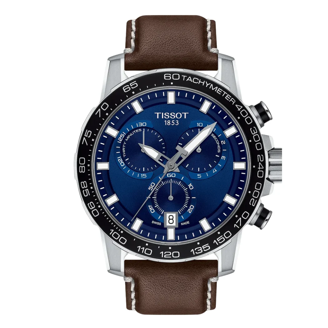 Tissot Supersport Brown Leather Strap Blue Dial Chronograph Quartz Watch for Gents - T1256171604100