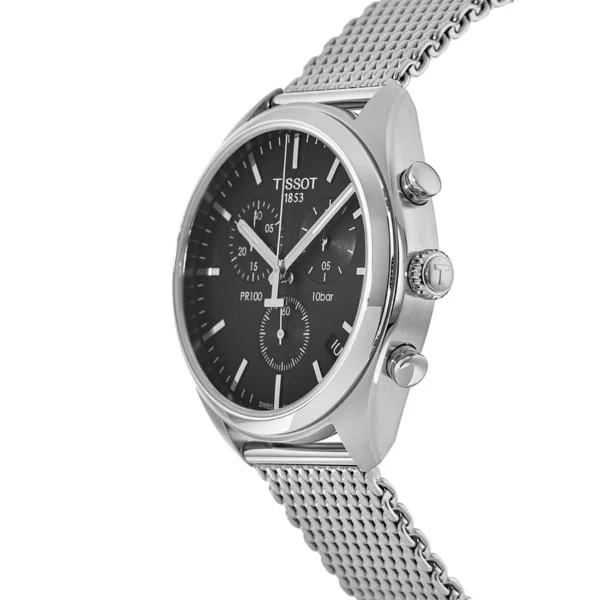 Tissot T-Classic PR 100 Silver Mesh Bracelet Black Dial Chronograph Quartz Watch for Men's - T101.417.11.051.01 - Image 3