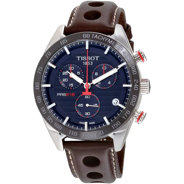 Tissot T-Sport PRS 516 Brown Leather Strap Blue Dial Chronograph Quartz Watch for Men's - T100.417.16.041.00