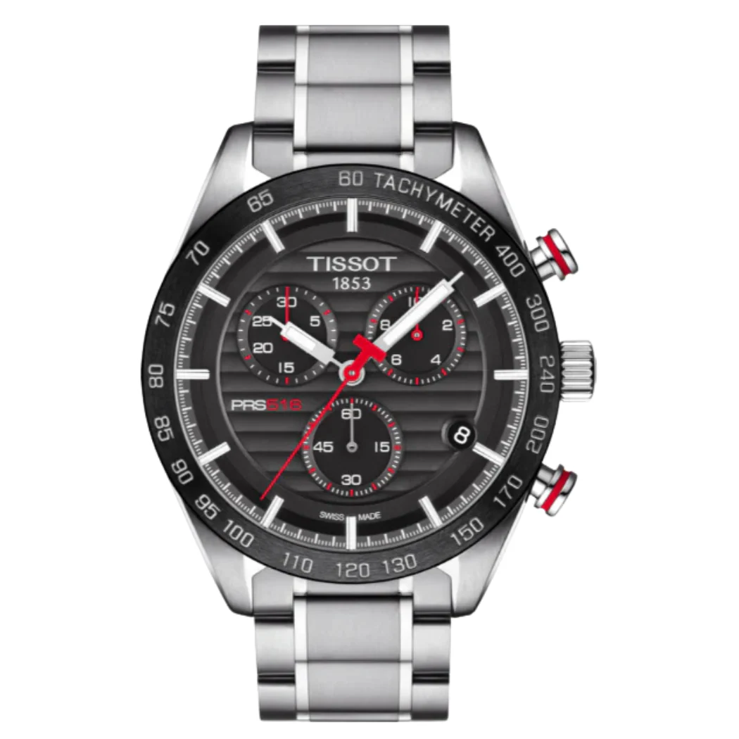 Tissot T-Sport PRS 516 Silver Stainless Steel Black Dial Chronograph Quartz Watch for Men's - T100.417.11.051.01