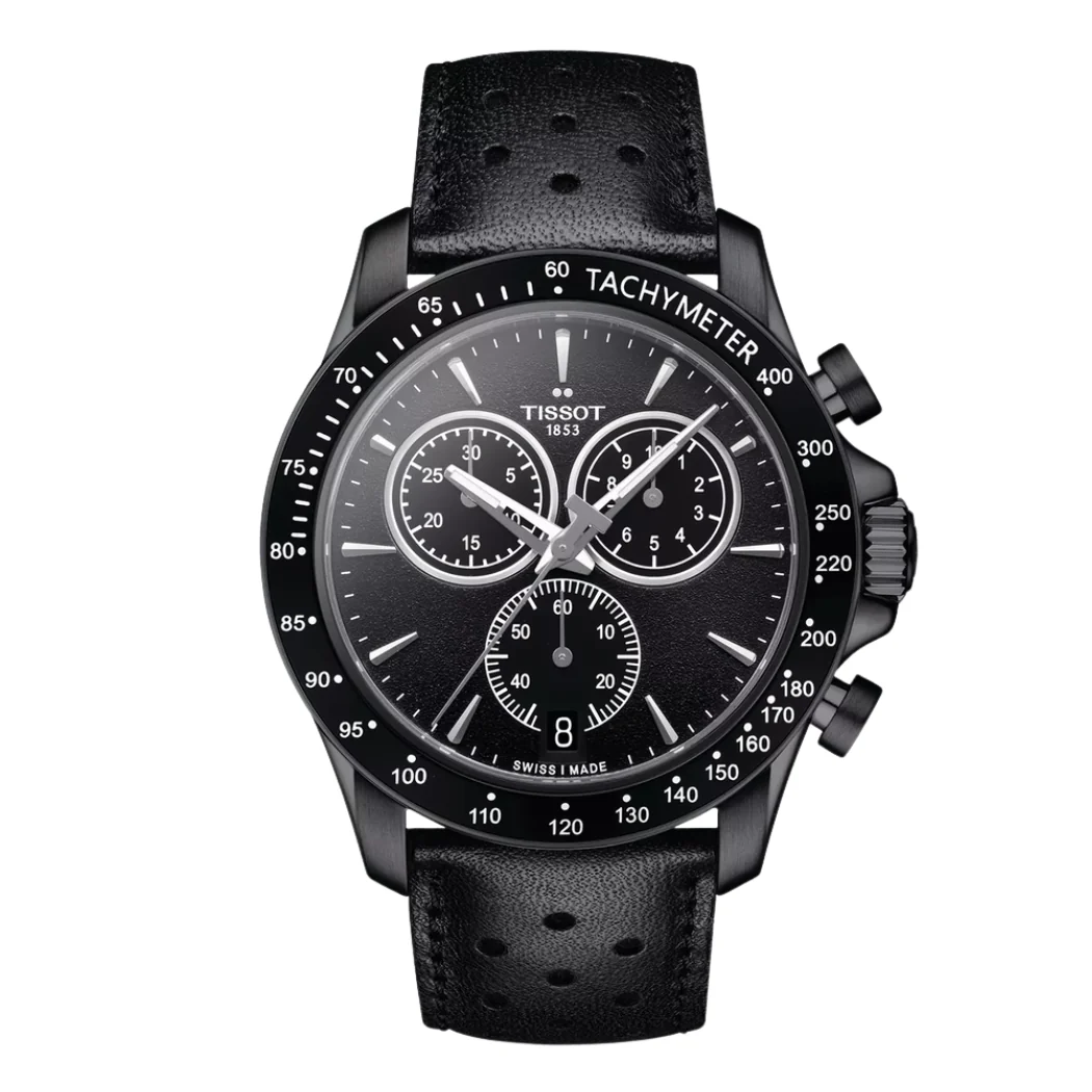 Tissot V8 Black Leather Strap Black Dial Chronograph Quartz Watch for Gents - T1064173605100