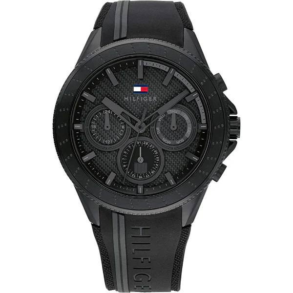 Tommy Hilfiger Aiden Black Silicone Strap Black Dial Chronograph Quartz Watch for Gents - 1791861