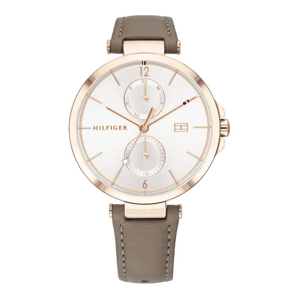 Tommy Hilfiger Angela Grey Leather Strap Gold Dial Quartz Watch for Ladies - 1782125