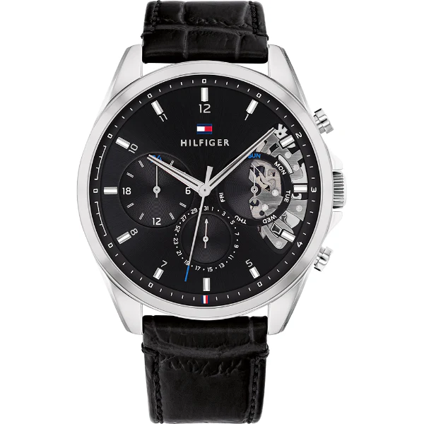 Tommy Hilfiger Baker Black Leather Strap Black Dial Chronograph Quartz Watch for Gents - 1710449