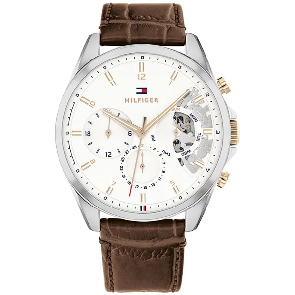 Tommy Hilfiger Baker Brown Leather Strap White Dial Chronograph Quartz Watch for Gents - 1710450