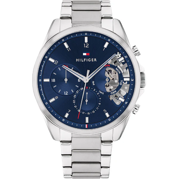 Tommy Hilfiger Baker Silver Stainless Steel Blue Dial Chronograph Quartz Watch for Gents - 1710448