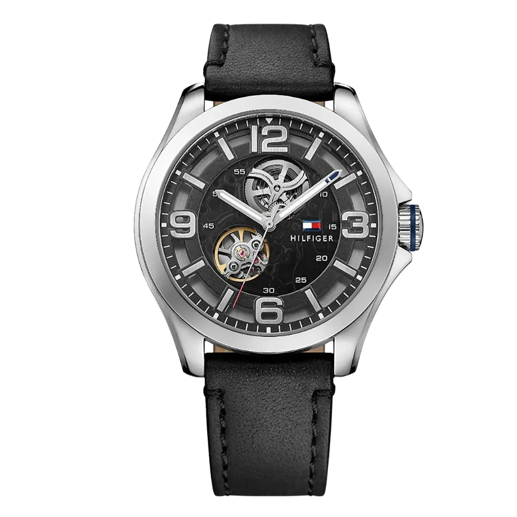 Tommy Hilfiger Black Leather Strap Black Dial Automatic Watch for Gents - TOMMY HILFIGER 1791279