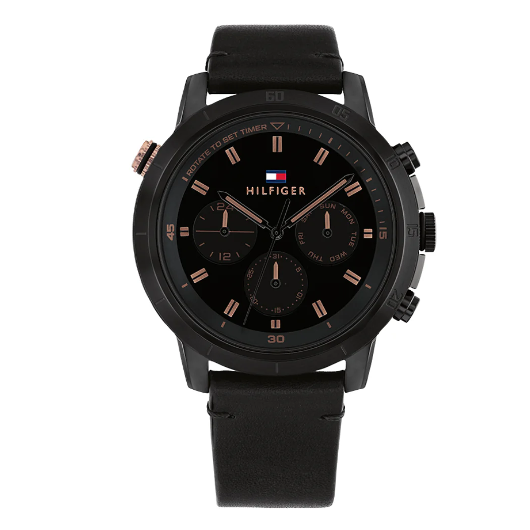 Tommy Hilfiger Black Leather Strap Black Dial Chronograph Quartz Watch for Gents - Tommy Hilfiger 1792110