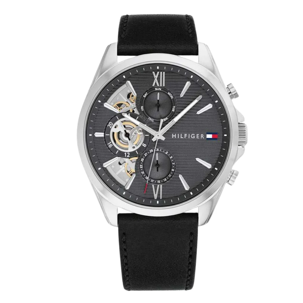 Tommy Hilfiger Black Leather Strap Grey Dial Chronograph Quartz Watch for Gents - Tommy Hilfiger 1710644