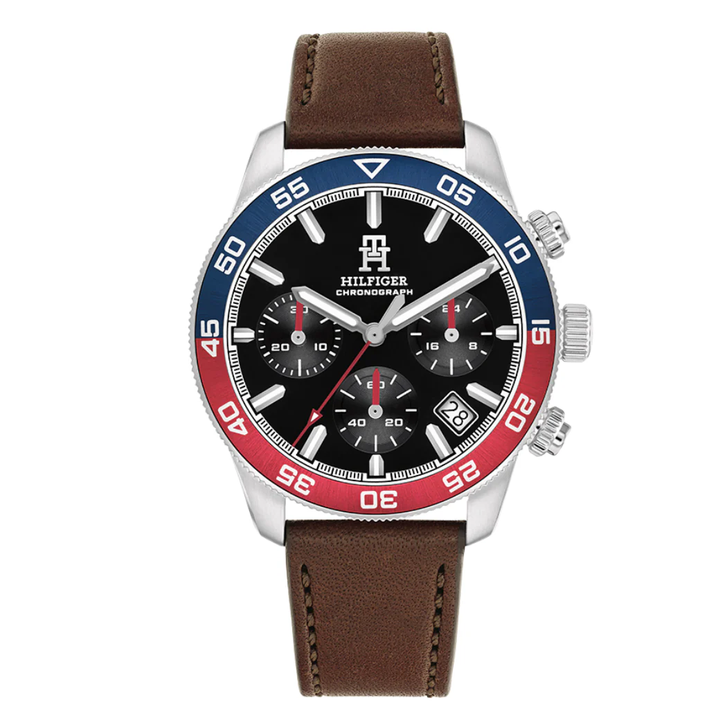 Tommy Hilfiger Brown Leather Strap Black Dial Chronograph Quartz Watch for Gents - Tommy Hilfiger 1792166