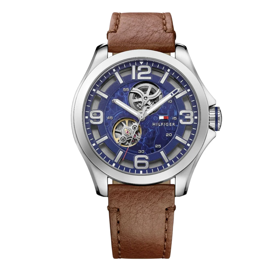 Tommy Hilfiger Brown Leather Strap Blue Dial Automatic Watch for Gents - TOMMY HILFIGER 1791278