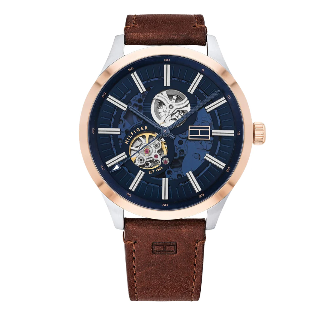 Tommy Hilfiger Brown Leather Strap Blue Dial Automatic Watch for Gents - TOMMY HILFIGER 1791642