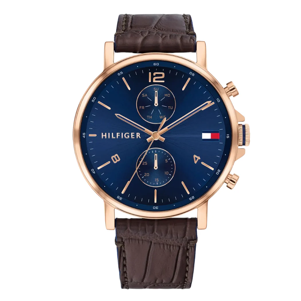 Tommy Hilfiger Brown Leather Strap Blue Dial Chronograph Quartz Watch for Gents - TOMMY HILFIGER 1710418