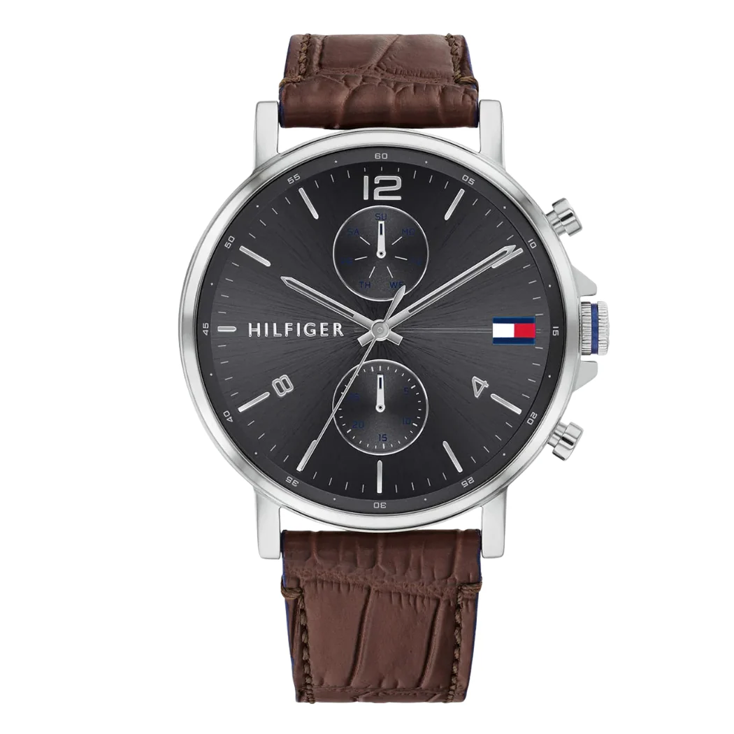 Tommy Hilfiger Brown Leather Strap Grey Dial Chronograph Quartz Watch for Gents - TOMMY HILFIGER 1710416