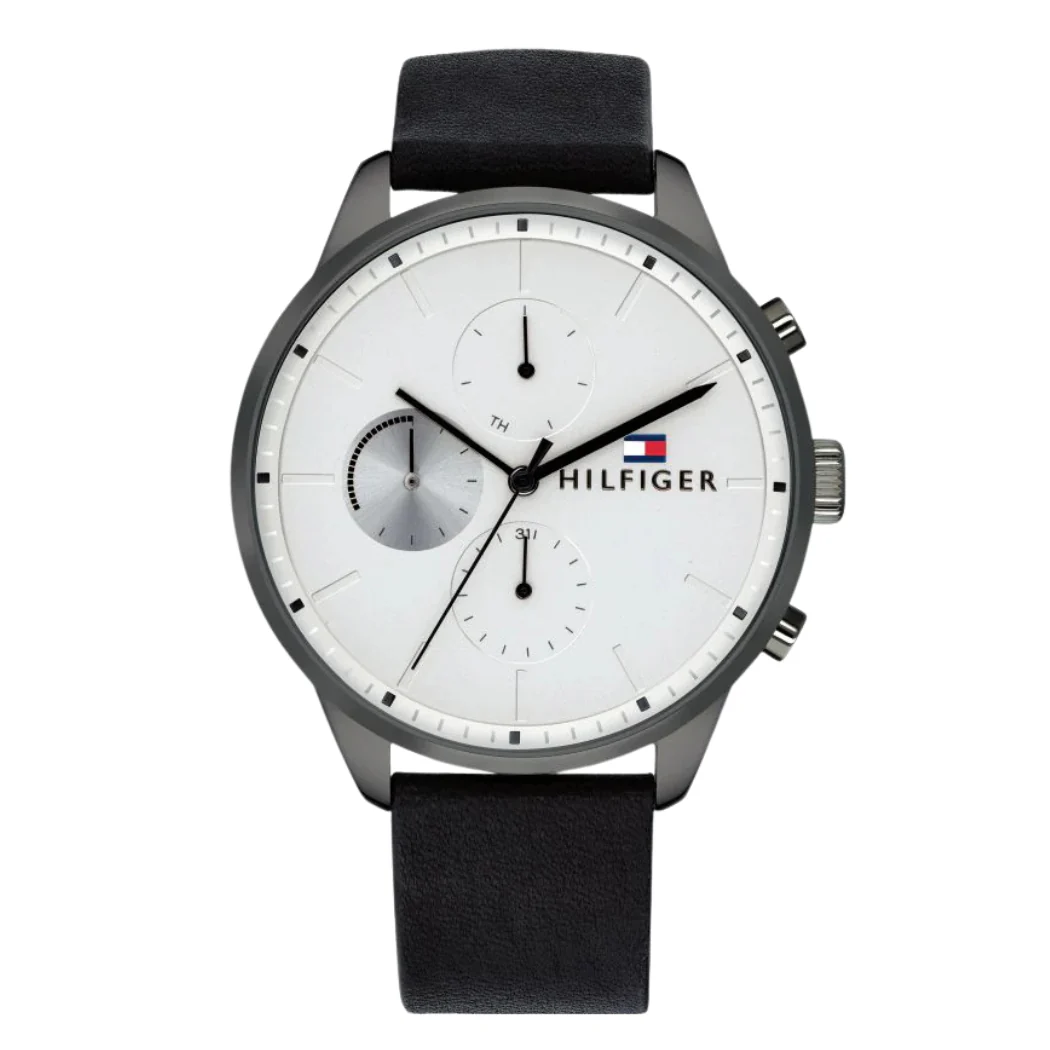 Tommy Hilfiger Chase Black Leather Strap White Dial Chronograph Quartz Watch for Gents - 1791489