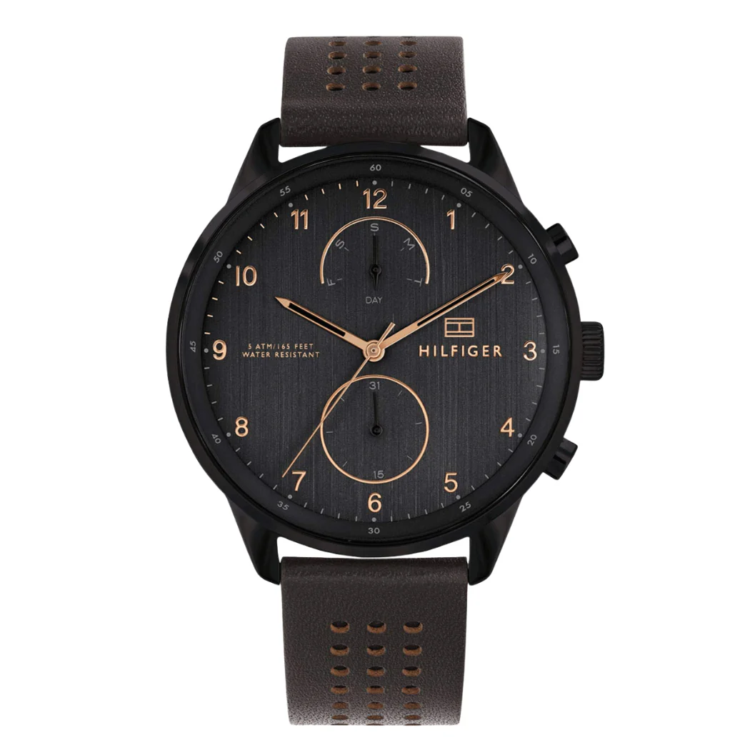 Tommy Hilfiger Chase Brown Leather Strap Black Dial Chronograph Quartz Watch for Gents - 1791577
