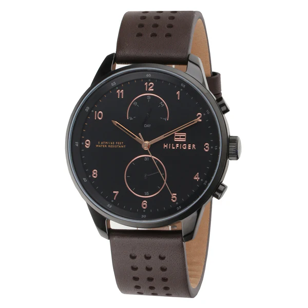 Tommy Hilfiger Chase Brown Leather Strap Black Dial Chronograph Quartz Watch for Gents - 1791577 - Image 2