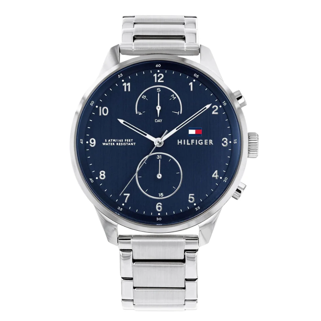 Tommy Hilfiger Chase Silver Stainless Steel Blue Dial Chronograph Quartz Watch for Gents - 1791575