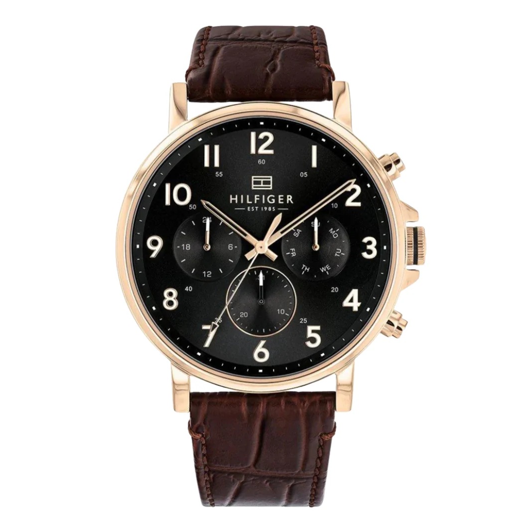 Tommy Hilfiger Daniel Brown Leather Strap Black Dial Chronograph Quartz Watch for Gents - 1710379