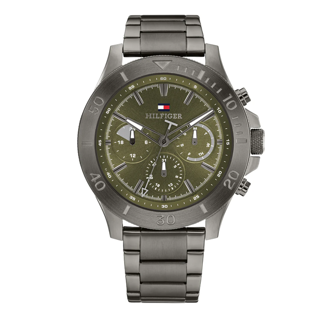 Tommy Hilfiger Gunmetal Stainless Steel Green Dial Chronograph Quartz Watch for Gents - Tommy Hilfiger 1792115