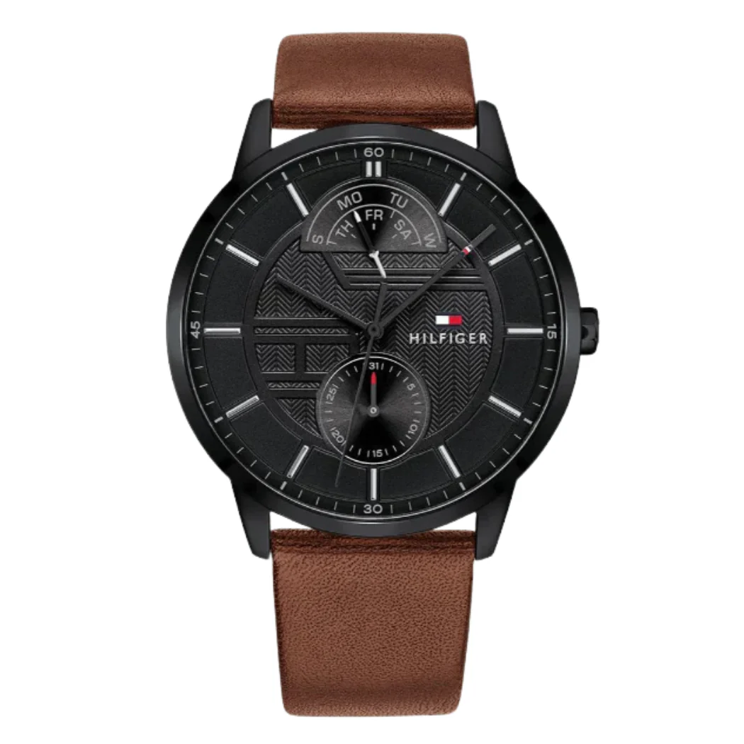 Tommy Hilfiger Hunter Brown Leather Strap Black Dial Quartz Watch for Gents - 1791604