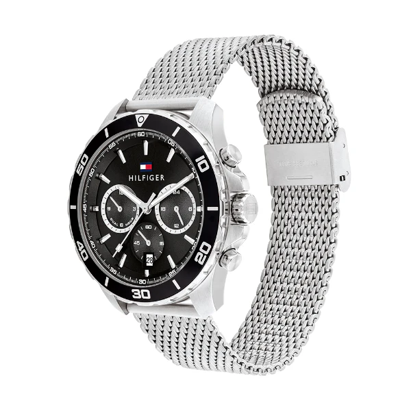 Tommy Hilfiger Jordan Silver Mesh Bracelet Black Dial Chronograph Quartz Watch for Gents - 1792092 - Image 2
