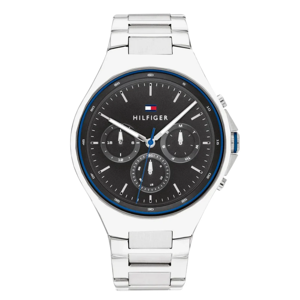 Tommy Hilfiger Justin Silver Stainless Steel Black Dial Chronograph Quartz Watch for Gents - 1792054