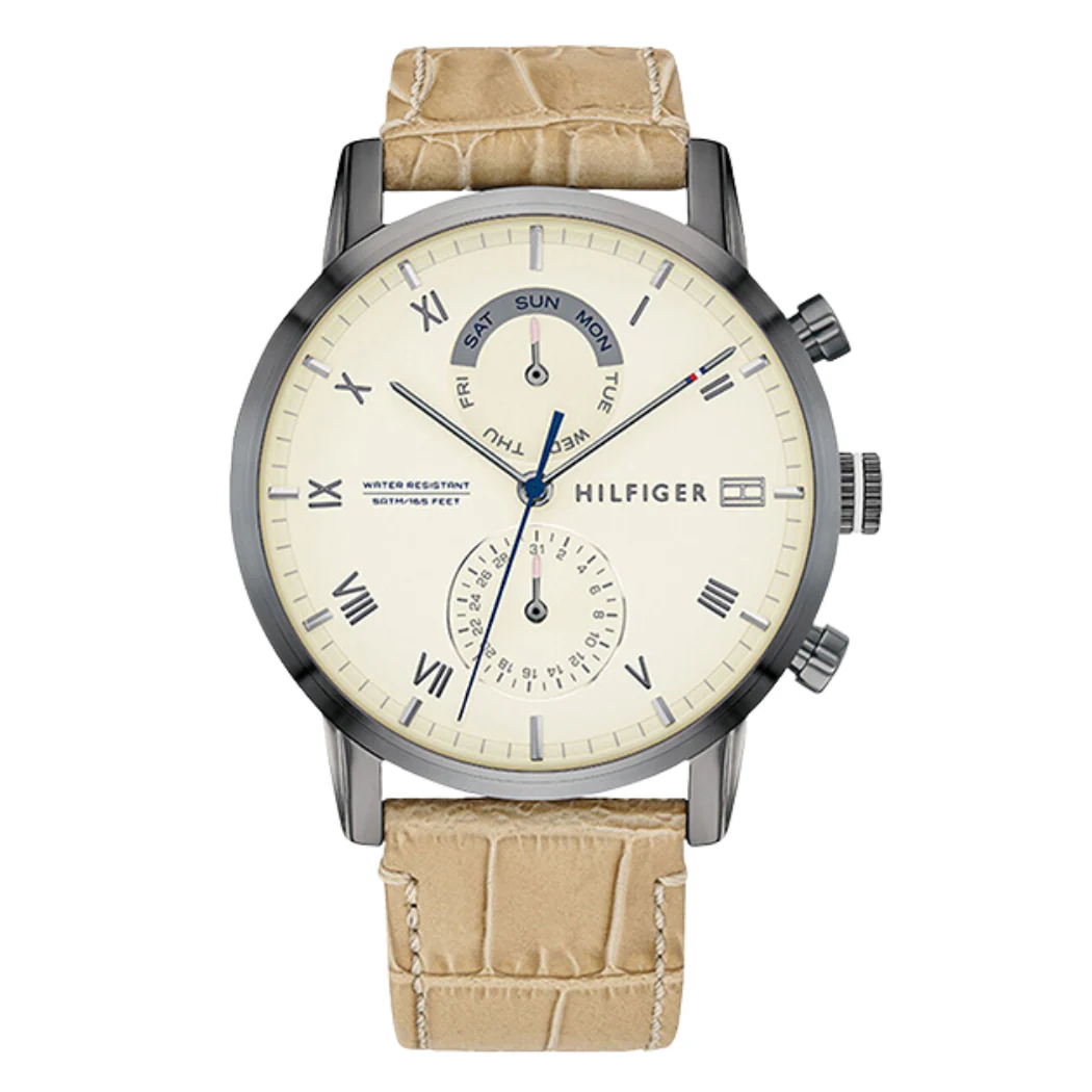 Tommy Hilfiger Kane Beige Leather Strap Cream Dial Chronograph Quartz Watch for Gents - 1710399