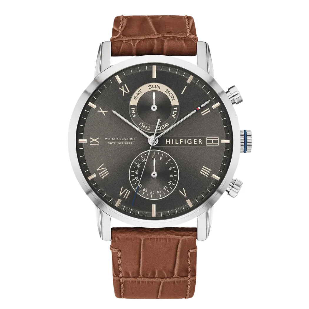 Tommy Hilfiger Kane Brown Leather Strap Black Dial Chronograph Quartz Watch for Gents - 1710398